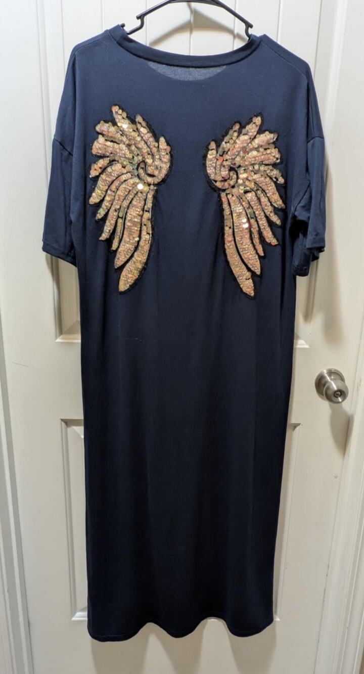 Navy Blue Sequin Glitter Angel Wings Fitted Short Sleeve Maxi Dress Size M